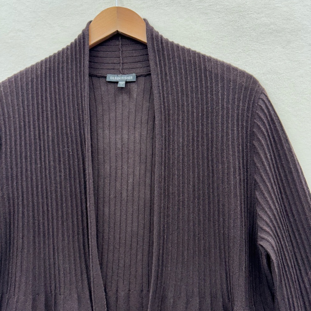 Eileen Fisher Women’s Large Brown Wool Open Front Cardigan Ribbed Lightweight - Picture 3 of 9